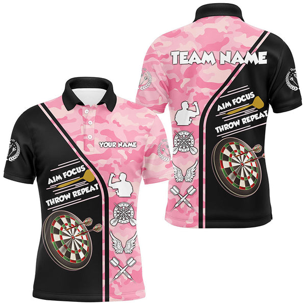 Maxcorners Aim Focus Throw Repeat Custom Pink Camouflage Darts Shirts For Men, Funny Saying Dart Jerseys