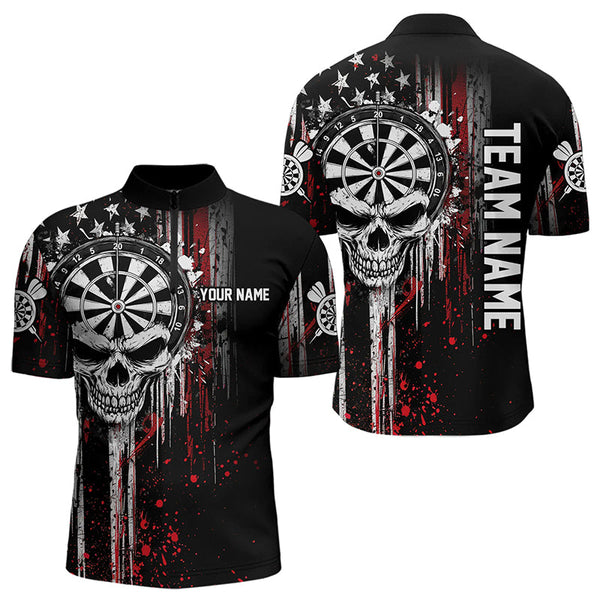 Maxcorners Retro American Flag Grunge Skull Darts Polo Custom Dart Shirts For Men And Women Darts Jerseys