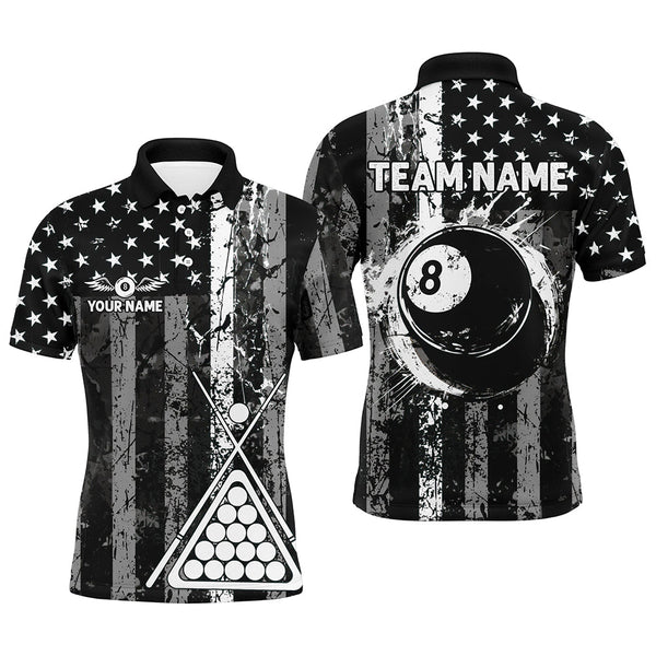 Maxcorners Custom Black Grunge US Flag Patriotic Billiard Shirt For Men Retro 8 Ball Pool Billiard Team Jersey