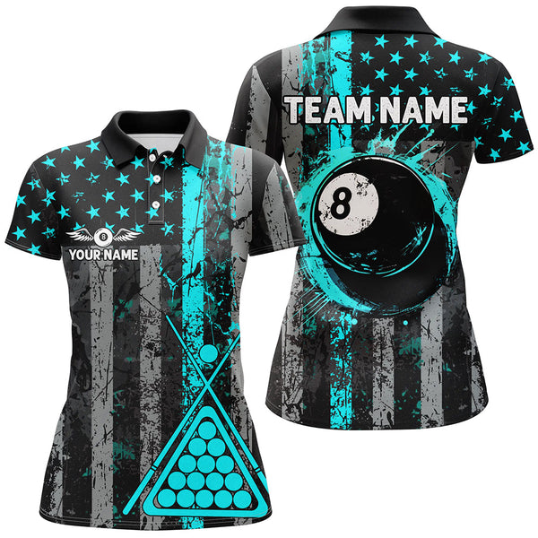 Maxcorners Custom Turquoise Grunge US Flag Patriotic Billiard Shirt For Women Retro 8 Ball Pool Billiard Jersey