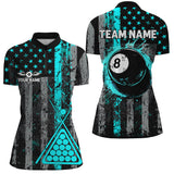 Maxcorners Custom Turquoise Grunge US Flag Patriotic Billiard Shirt For Women Retro 8 Ball Pool Billiard Jersey