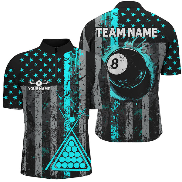 Maxcorners Custom Turquoise Grunge US Flag Patriotic Billiard Shirt For Men Retro 8 Ball Pool Billiard Jersey