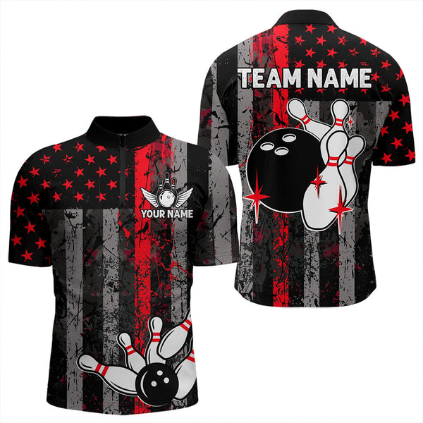 Maxcorners Red And Black Grunge American Flag Patriotic Bowling Shirts For Men Custom Bowling Team Jerseys