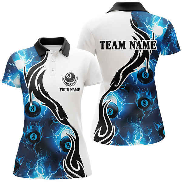 MaxCorners Billiard Blue 8 Ball Pool Thunder Lightning Customized Name, Team Name 3D Polo Shirt For Women