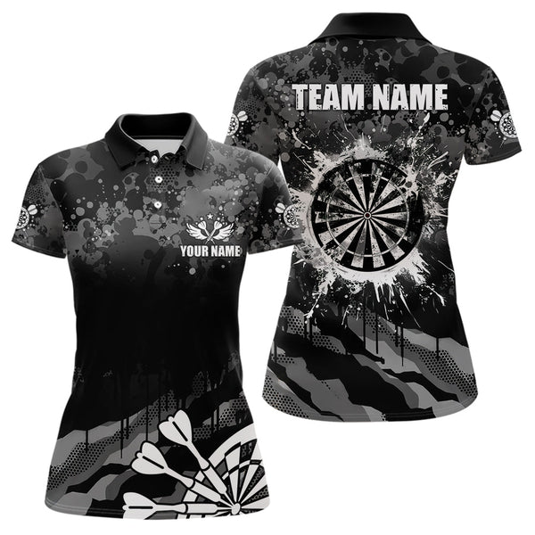 Maxcorners Black Grey Grunge Camo Darts Polo & Quarter Zip For Men Custom Retro Dartboard Team Darts Jerseys