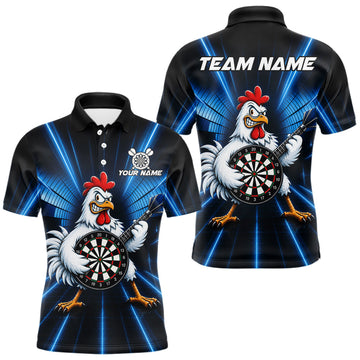 Maxcorners Blue Funny Chicken Playing Dartboard Guitar Custom Darts Shirts For Men, Darts Team Jersey
