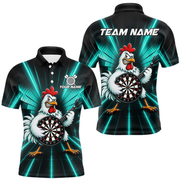 Maxcorners Teal Funny Chicken Playing Dartboard Guitar Custom Darts Shirts For Men, Darts Team Jersey