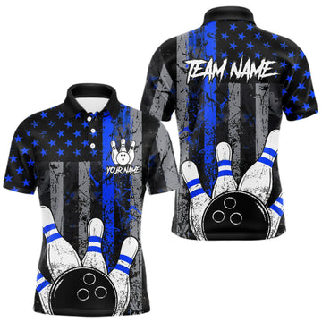 Maxcorners Blue Grunge American Flag Bowling Shirts for Men Custom Patriotic Bowling League Team Jersey LM2709
