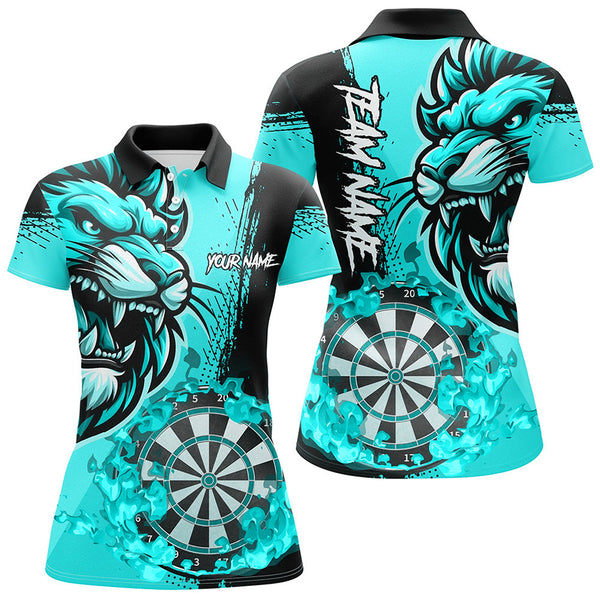 Maxcorners Turquoise Funny Darts Flame Lion Custom Polo & 1/4 Zip, Personalized Women Dart Shirts Dart Jerseys