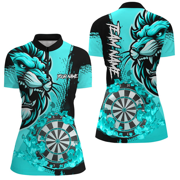 Maxcorners Turquoise Funny Darts Flame Lion Custom Polo & 1/4 Zip, Personalized Women Dart Shirts Dart Jerseys