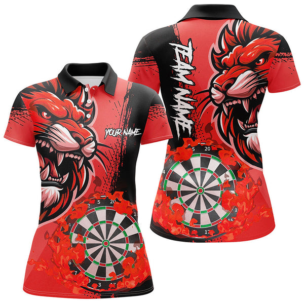 Maxcorners Red Funny Darts Flame Lion Custom Polo & Quarter-Zip, Personalized Women Dart Shirts Dart Jerseys