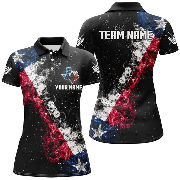 Maxcorners Personalized Black Grunge Texas Flag Smoke Billiard Shirt For Men, Patriotic Texas Billiard Jersey