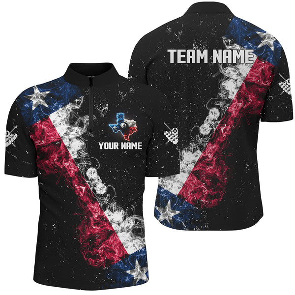 Maxcorners Personalized Black Grunge Texas Flag Smoke Billiard Shirt For Men, Patriotic Texas Billiard Jersey