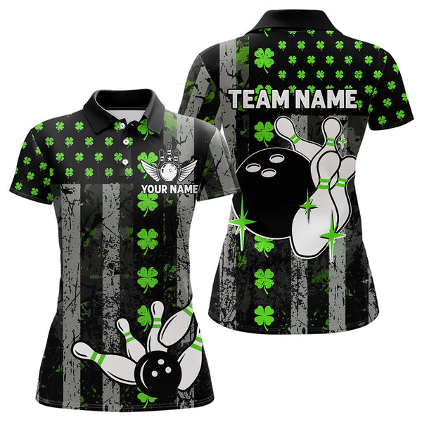 Maxcorners Green Shamrock Grunge Us Flag Patriotic Bowling Shirts For Men And Women Custom St Patrick Day Bowling Jersey