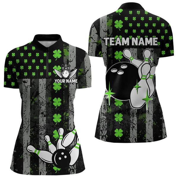 Maxcorners Green Shamrock Grunge Us Flag Patriotic Bowling Shirts For Men And Women Custom St Patrick Day Bowling Jersey