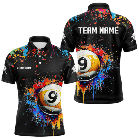 Maxcorners Funny 9 Ball Pool Colorful Paint Splash Custom Billiard Shirt For Men, Billiard Team Jersey | Black MT2709