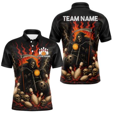 Maxcorners Funny Grim Reaper Motorcycle Bowling Shirts For Men Custom Orange Flame Bowling Team Jersey