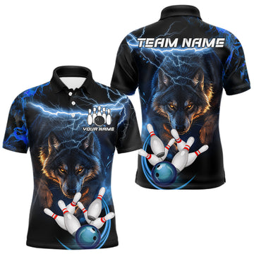 Maxcorners Personalized Blue Lightning Thunder Wolf Bowling Shirts For Men Custom Bowling League Team Jersey