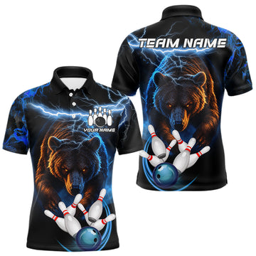 Maxcorners Personalized Blue Lightning Thunder Bear Bowling Shirts For Men Custom Bowling League Team Jersey