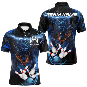 Maxcorners Personalized Blue Lightning Thunder Dragon Bowling Shirts For Men Custom Bowling League Team Jersey