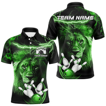 Maxcorners Personalized Green Lightning Thunder Lion Bowling Shirts For Men Custom Bowling Team Jerseys