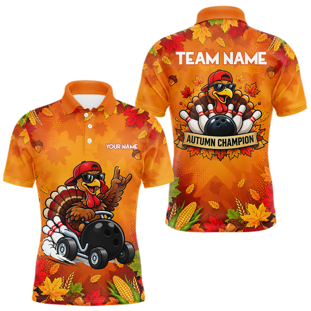 Maxcorners Thanksgiving Bowling Shirt For Men Personalized Funny Racing Turkey Autumn Season Bowling Team Apparel