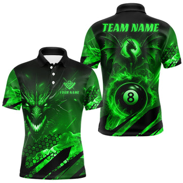 Maxcorners Personalized Green Flaming Dragon 8 Ball Billiard Shirt For Men, Pool Team Jersey Polo & 1/4 Zip