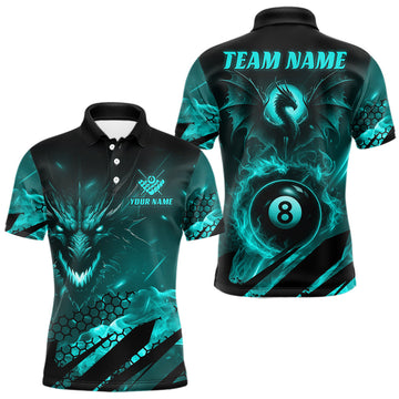 Maxcorners Personalized Teal Flaming Dragon 8 Ball Billiard Shirt For Men, Pool Team Jersey Polo & 1/4 Zip