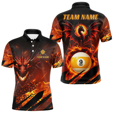 Maxcorners Personalized Orange Flaming Dragon 9 Ball Billiard Shirt For Men, Pool Team Jersey Polo & 1/4 Zip