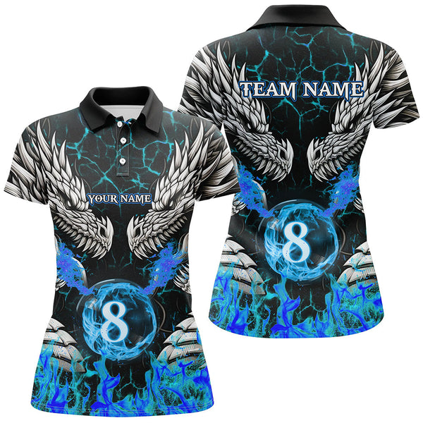 Maxcorners Personalized Twin Dragons Blue Flaming 8 Ball Pool Men Billiard Shirt Team League Billiard Jerseys