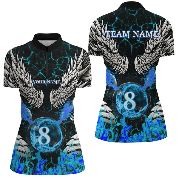 Maxcorners Personalized Twin Dragons Blue Flaming 8 Ball Pool Men Billiard Shirt Team League Billiard Jerseys