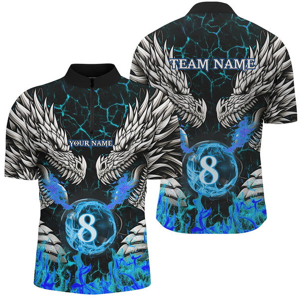 Maxcorners Personalized Twin Dragons Blue Flaming 8 Ball Pool Men Billiard Shirt Team League Billiard Jerseys