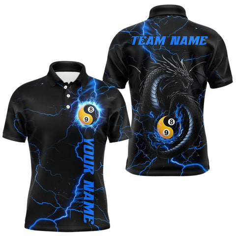 Maxcorners Black And Blue Yin Yang 8 & 9 Ball Lightning Custom Dragon Billiard Shirt For Men, Pool Team Jersey MT1007