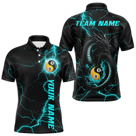 Maxcorners Black Turquoise Yin Yang 8&9 Ball Lightning Custom Dragon Billiard Shirt For Men, Pool Team Jersey MT1007