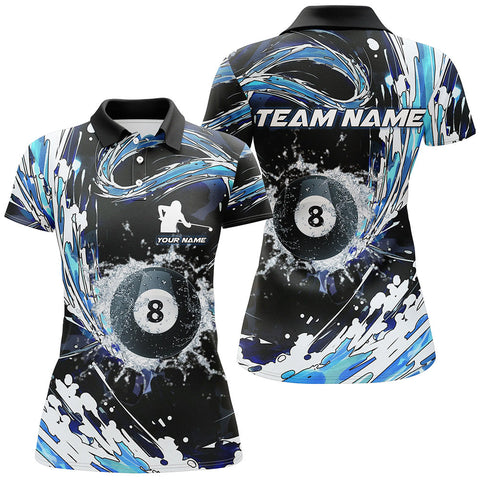 Maxcorners Personalized 8 Ball Billiard Blue Waves 3D All Over Print Polo Shirts For Women