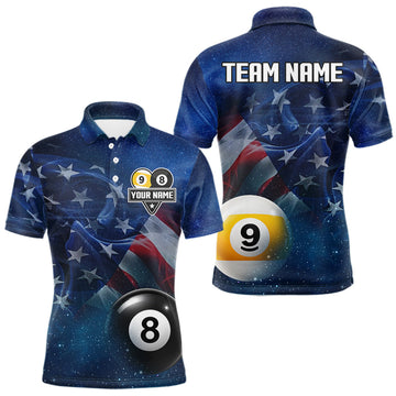 Maxcorners American Flag Blue Galaxy 8 Ball & 9 Ball Billiard Shirt For Men Custom Patriotic Pool Team Jersey