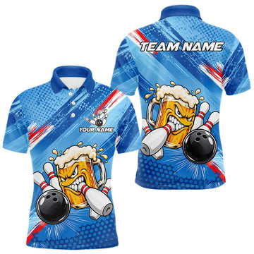 Maxcorners Blue Funny Beer Bowling Jersey For Men Custom Bowling League Bowling Team Shirts Polo & 1/4 Zip