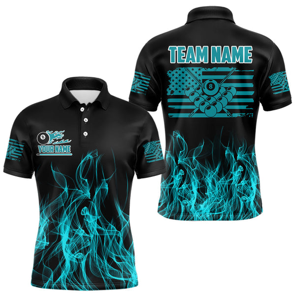 Maxcorners Turquoise Flaming American Flag Men's Billiard Shirt Custom Patriotic Pool Player Billiard Jersey  LM2206