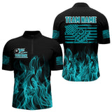 Maxcorners Turquoise Flaming American Flag Men's Billiard Shirt Custom Patriotic Pool Player Billiard Jersey  LM2206