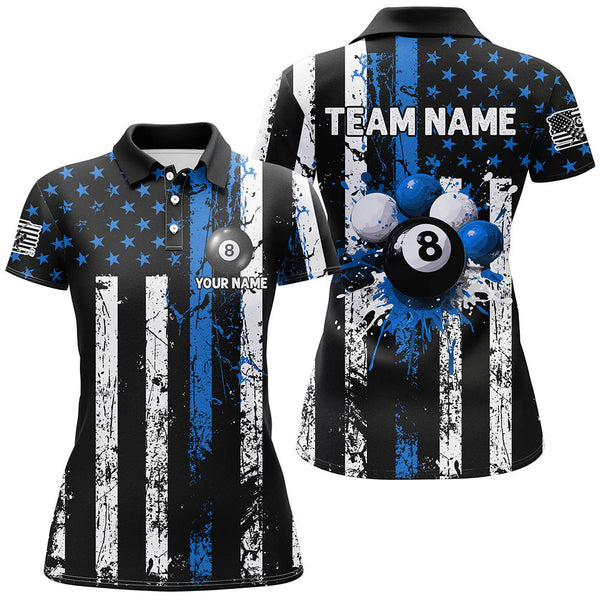 Maxcorners Billiard Blue Grunge Us Flag Patriotic Customized Name, Team Anme 3D Polo Shirt