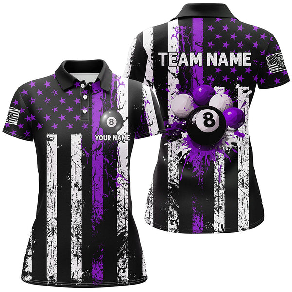 Maxcorners Billiard Purple Grunge Us Flag Patriotic Customized Name, Team Anme 3D Polo Shirt