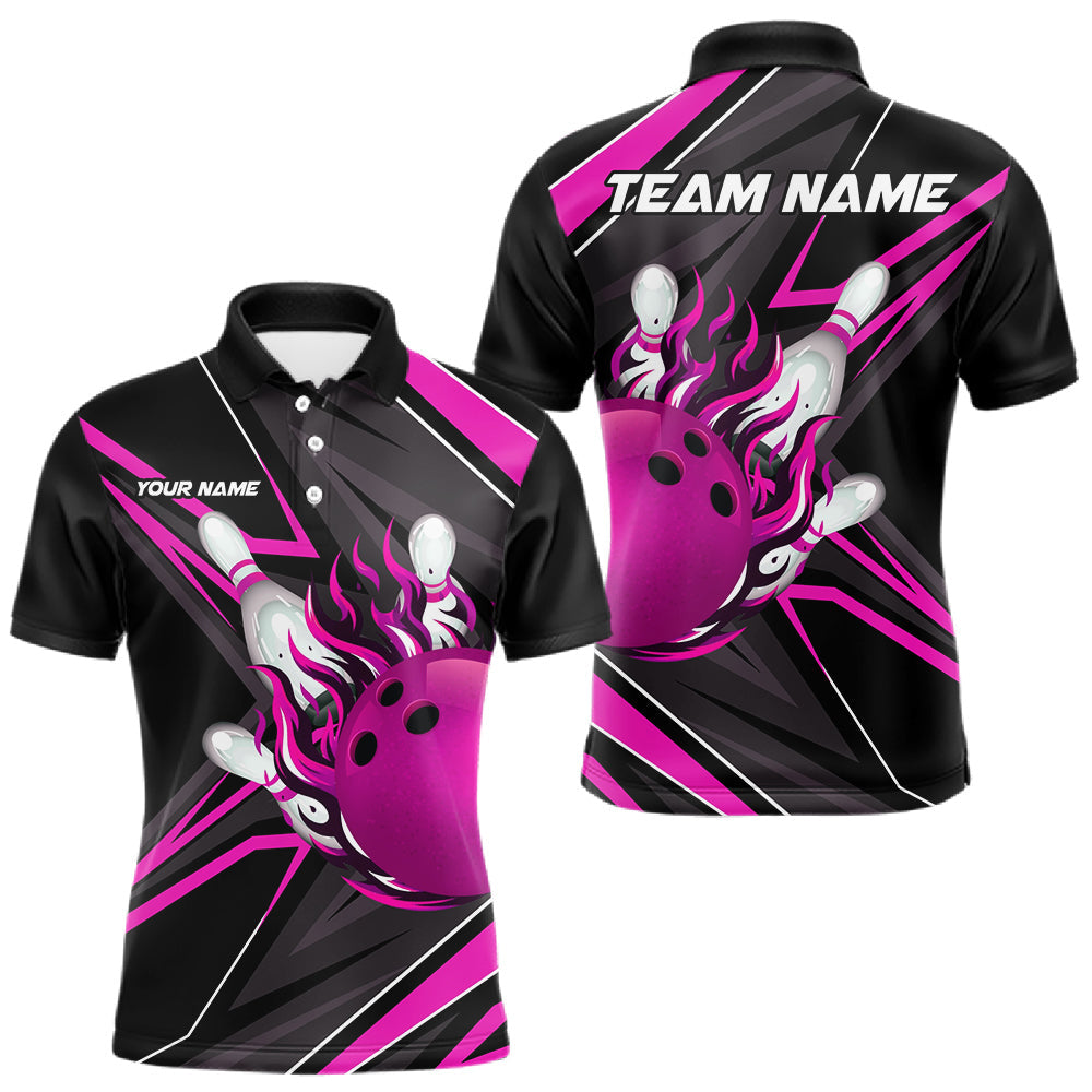 Maxcorners Pink And Black Men's Bowling Shirts Custom Fire Flame Bowling Team Jersey Polo & Quarter Zip