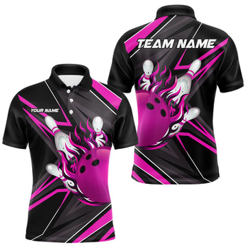 Maxcorners Pink And Black Men's Bowling Shirts Custom Fire Flame Bowling Team Jersey Polo & Quarter Zip LM0410