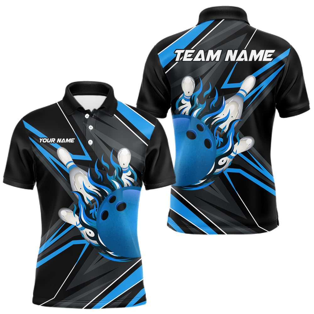 Maxcorners Black And Blue Men's Bowling Shirts Custom Fire Flame Bowling Team Jersey Polo & Quarter Zip
