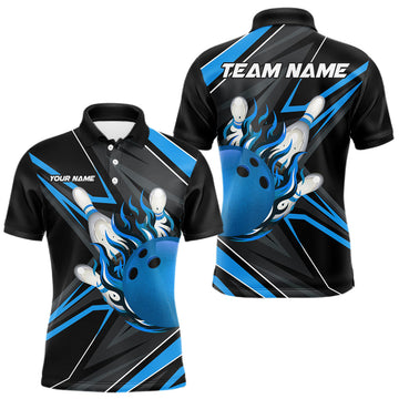 Maxcorners Black And Blue Men's Bowling Shirts Custom Fire Flame Bowling Team Jersey Polo & Quarter Zip