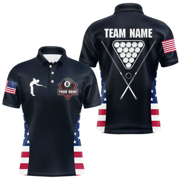 Maxcorners Custom US Flag 8 Ball Pool Billiard Shirt For Men, Billiard Team Jersey Polo & 1/4 Zip |Navy Blue LM1112