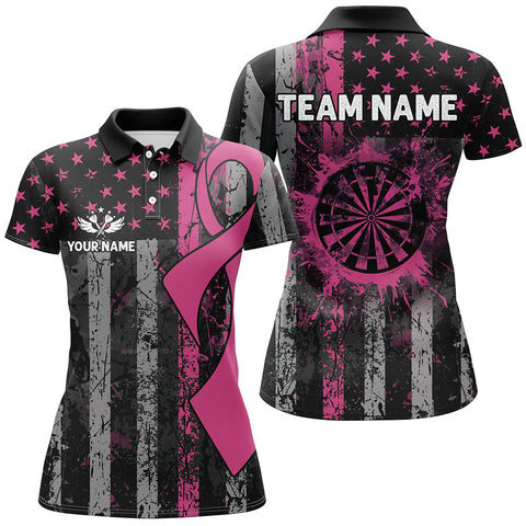 Maxcorners Pink Ribbon Grunge American Flag Patriotic Darts Jersey Customized Name, Team Name 3D Polo Shirt