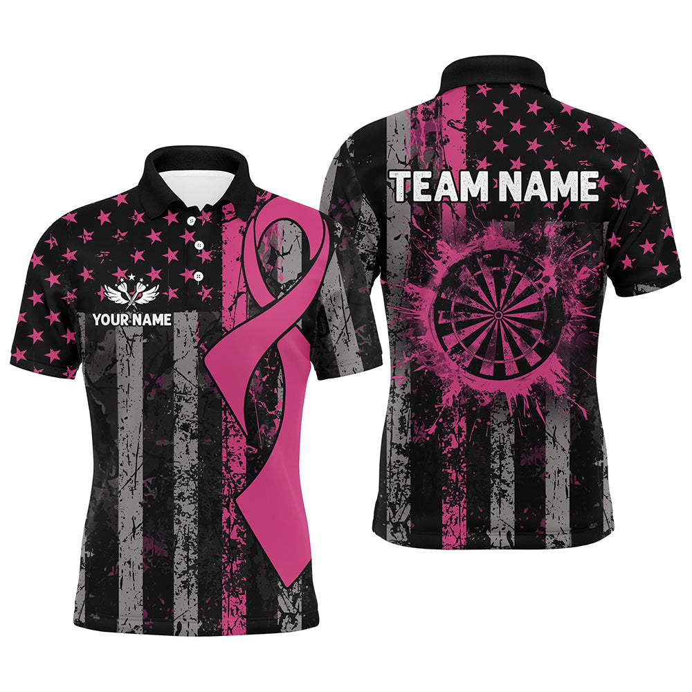 Maxcorners Pink Ribbon Grunge American Flag Patriotic Darts Jersey Customized Name, Team Name 3D Polo Shirt