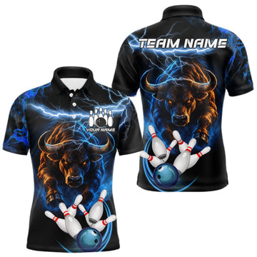 Maxcorners Blue Lightning Thunder Custom Bull Bowling Shirts For Men, Bowling Team Jersey Polo & 1/4 Zip LM1910
