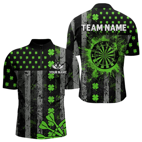 Maxcorners Green Grunge Us Flag Luckiest Shamrock Patriotic Men And Women Dart Shirt Custom St Patrick Day Dart Jersey